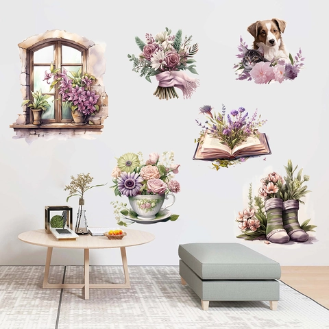 Pastoral Watercolor Wall Stickers Window Dog Flower Botanical PVC Self Adhesive Decals For Living Room Bedroom Decor