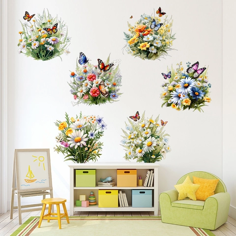Bunte Wildblumen Schmetterling Wandsticker Abnehmbare PVC Blumen Wandtattoos Für Wohnzimmer Schlafzimmer Flur Haus Deko