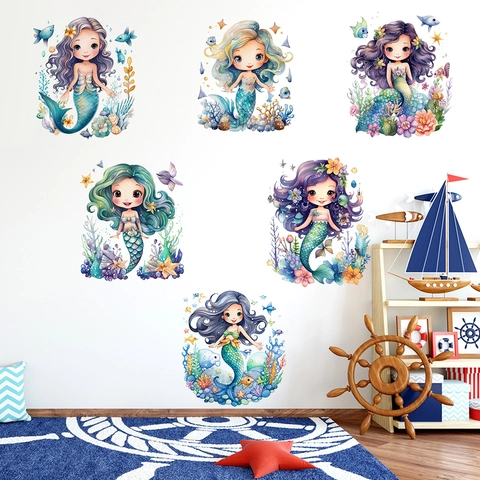 Cartoon Mermaid Wall Stickers Watercolor Ocean Sea World PVC Waterproof Decals For Kids Nursery Bedroom Living Room Decor