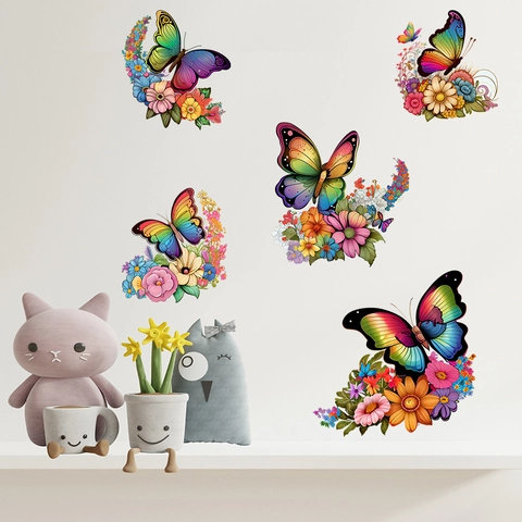 Bunte Schmetterling und Blume Wandaufkleber PVC Wasserdicht Selbstklebend Regenbogen Wandtattoos für Kinderzimmer Wohnkultur