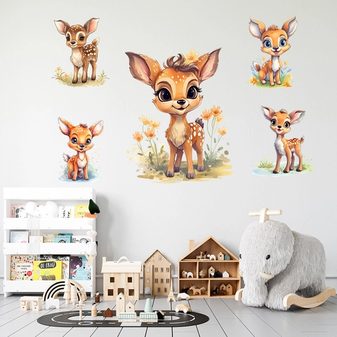Cartoon Deer Flowers Grass Wall Stickers PVC Waterproof DIY Wall Decals For Kids Room Nursery Bedroom Home Decoration