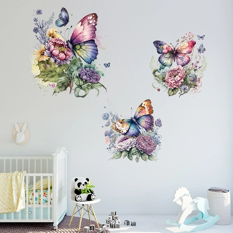 Aquarell Schmetterling Pfingstrose Blume Wandaufkleber Selbstklebende PVC Wasserdichte Wandtattoos Für Kinderzimmer Wohnzimmer Deko