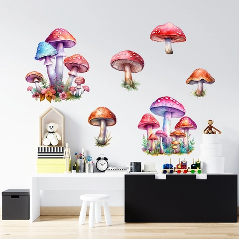 Watercolour Mushroom Wall Stickers PVC Waterproof Removable Decals For Kids Room Bedroom Living Room Home Decor DIY Wall Mural