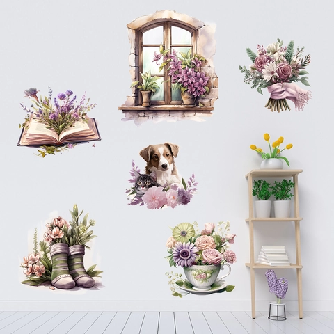Pastoral Watercolor Wall Stickers Window Dog Flower Botanical PVC Self Adhesive Decals For Living Room Bedroom Decor