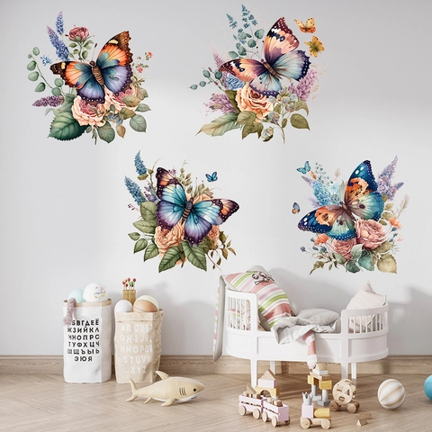 Artistici Adesivi Murali in PVC Con Farfalle e Fiori ad Acquerello Impermeabili Autoadesivi per Soggiorno e Camera da Letto
