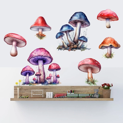 Adesivo da Parete con Funghi ad Acquerello Impermeabile PVC per Cameretta dei Bambini Soggiorno Fai da Te Murale Decorazione