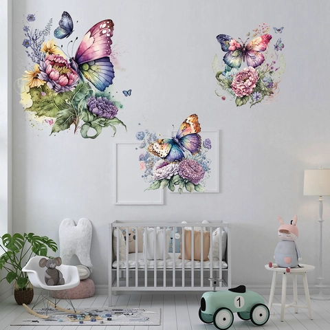 Aquarell Schmetterling Pfingstrose Blume Wandaufkleber Selbstklebende PVC Wasserdichte Wandtattoos Für Kinderzimmer Wohnzimmer Deko