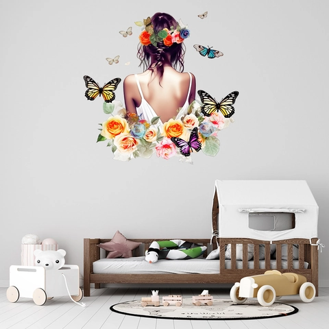 Romantische Blumen Schmetterling Frau Rücken Wandaufkleber Wasserdicht PVC Wandbild Für Wohnzimmer Schlafzimmer Kinderzimmer Deko