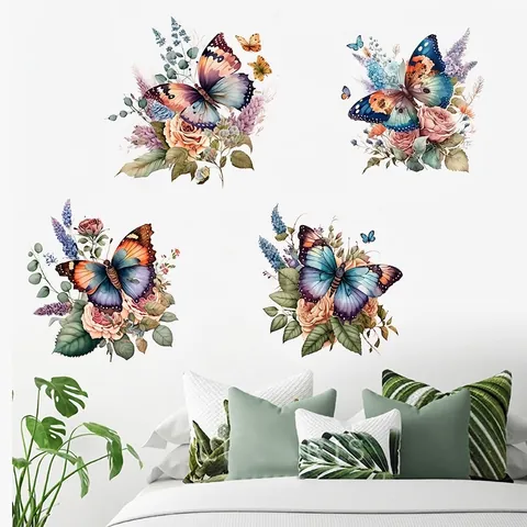 Artistici Adesivi Murali in PVC Con Farfalle e Fiori ad Acquerello Impermeabili Autoadesivi per Soggiorno e Camera da Letto