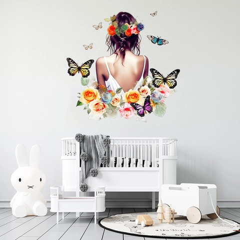 Romantische Blumen Schmetterling Frau Rücken Wandaufkleber Wasserdicht PVC Wandbild Für Wohnzimmer Schlafzimmer Kinderzimmer Deko