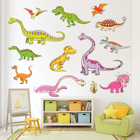 Pegatinas de Pared de Dinosaurio Animado para Habitación de Niños PVC Impermeable Removible Calcomanías de Mural de Animales