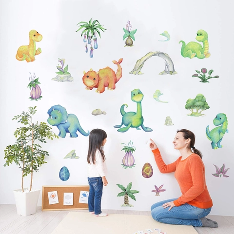 Aquarell Handbemalte Dinosaurier Wandtattoo Kinderzimmer PVC Wasserdicht Cartoon Dino Ei Pflanze Wandsticker Deko Wandaufkleber