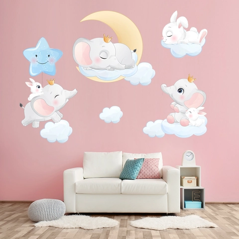 Cartoon Elefant Hase Wandtattoo Stern Mond Wolke Wasserdicht PVC Wandaufkleber Für Kinderzimmer Babyzimmer Schlafzimmer Deko