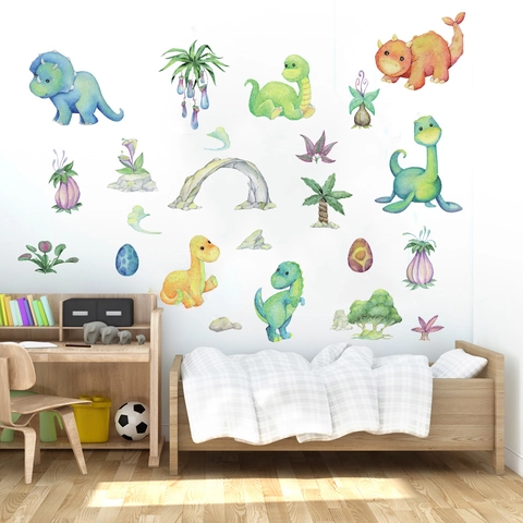Aquarell Handbemalte Dinosaurier Wandtattoo Kinderzimmer PVC Wasserdicht Cartoon Dino Ei Pflanze Wandsticker Deko Wandaufkleber