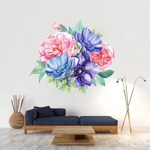 Watercolor Peony Anemone Flower Wall Sticker PVC Waterproof Botanical Floral Wall Decal For Living Room Bedroom Home Decor