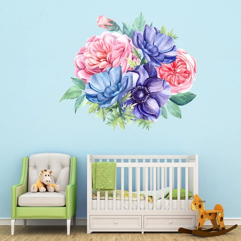 Watercolor Peony Anemone Flower Wall Sticker PVC Waterproof Botanical Floral Wall Decal For Living Room Bedroom Home Decor