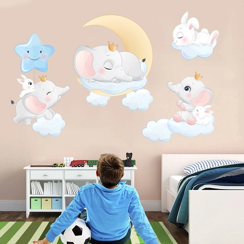Cartoon Elefant Hase Wandtattoo Stern Mond Wolke Wasserdicht PVC Wandaufkleber Für Kinderzimmer Babyzimmer Schlafzimmer Deko