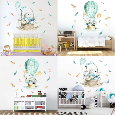 Aquarell Hase Heißluftballon Wandaufkleber PVC Wasserdicht Handgezeichnete Häschen Blumenkorb Aufkleber Für Kinderzimmer Deko