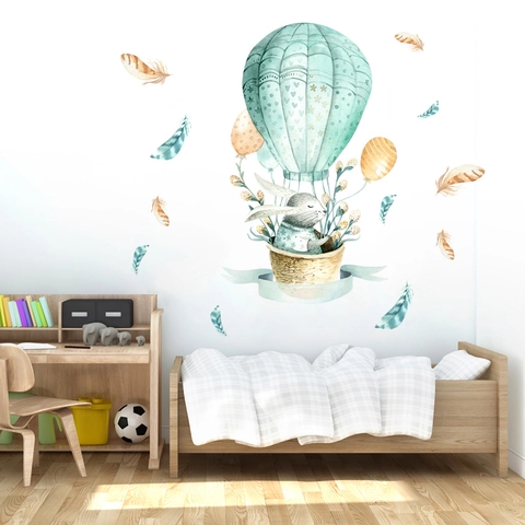 Aquarell Hase Heißluftballon Wandaufkleber PVC Wasserdicht Handgezeichnete Häschen Blumenkorb Aufkleber Für Kinderzimmer Deko