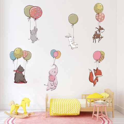 Adesivo da Parete a Mongolfiera con Animali Cartoni Animati PVC Impermeabile Coniglio Volpe Orso per Cameretta Bambini Casa