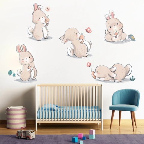 Handgemaltes Aquarell Cartoon Hase Schmetterling Wandtattoo PVC Wasserdicht DIY Aufkleber Für Kinderzimmer Schlafzimmer Wohnzimmer Deko
