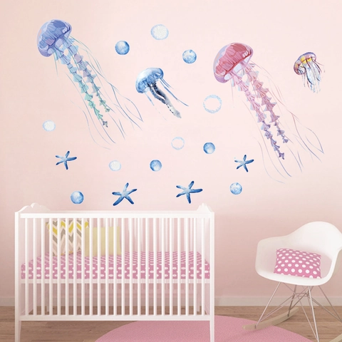 Aquarell Meereslebewesen Quallen Seesterne Wandtattoo Abnehmbare PVC Wasserdicht Wandaufkleber Für Kinderzimmer Badezimmer Schlafzimmer Home Decor