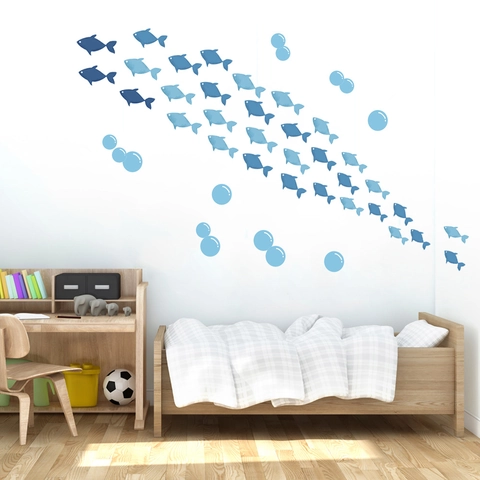 Blue Little Fish Bubbles Wall Sticker PVC Removable Waterproof Wall Decal For Kids Room Bedroom Living Room Home Nursery Decor
