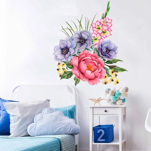 Watercolor Peony Rose Floral Wall Sticker Waterproof PVC Removable Home Decor Decal Living Room Bedroom Minimalist Mural