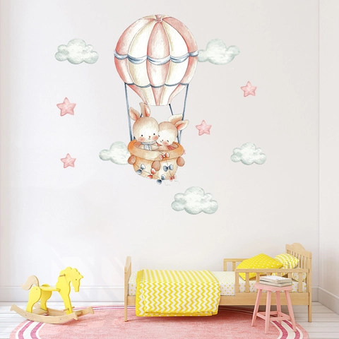 Pegatinas de Pared de Globo Aerostático de Conejo en Acuarela Dibujos Animados Nubes Estrellas Calcomanías de Pared de PVC para Habitación Infantil Decoración
