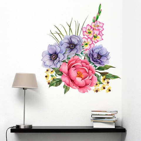 Watercolor Peony Rose Floral Wall Sticker Waterproof PVC Removable Home Decor Decal Living Room Bedroom Minimalist Mural