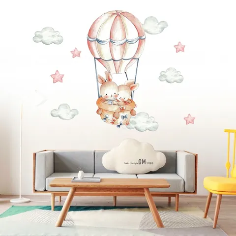 Pegatinas de Pared de Globo Aerostático de Conejo en Acuarela Dibujos Animados Nubes Estrellas Calcomanías de Pared de PVC para Habitación Infantil Decoración