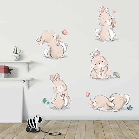 Handgemaltes Aquarell Cartoon Hase Schmetterling Wandtattoo PVC Wasserdicht DIY Aufkleber Für Kinderzimmer Schlafzimmer Wohnzimmer Deko