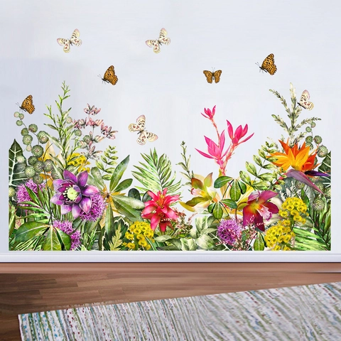 Moderne Blumen Schmetterling Wandsticker Wasserdicht PVC Grüne Blätter Rebe Aufkleber Für Schlafzimmer Wohnzimmer Wanddeko