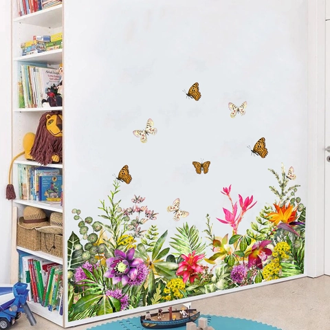 Moderne Blumen Schmetterling Wandsticker Wasserdicht PVC Grüne Blätter Rebe Aufkleber Für Schlafzimmer Wohnzimmer Wanddeko