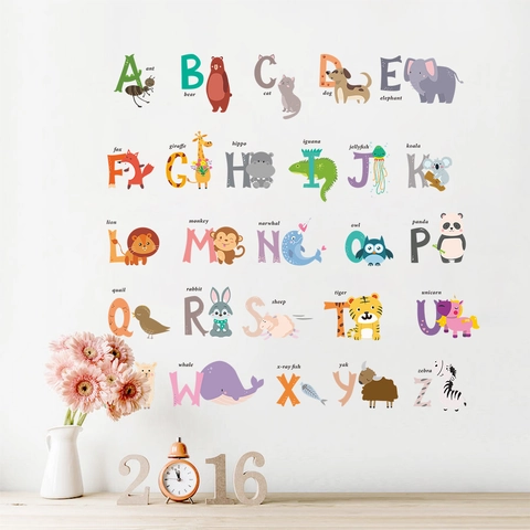 Cartoon Animal Alphabet Wall Stickers For Kids Room Decor PVC Waterproof A-Z Learning Educational DIY Home Wall Decals