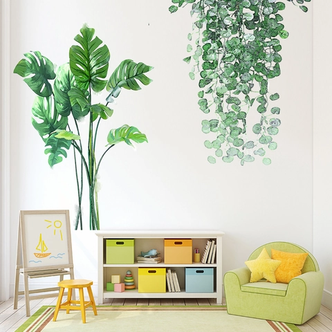 Adesivi Murali con Foglie di Monstera Tropicale ad Acquerello Pianta Verde per Soggiorno Camera da Letto Bagno Decorazione Casa PVC