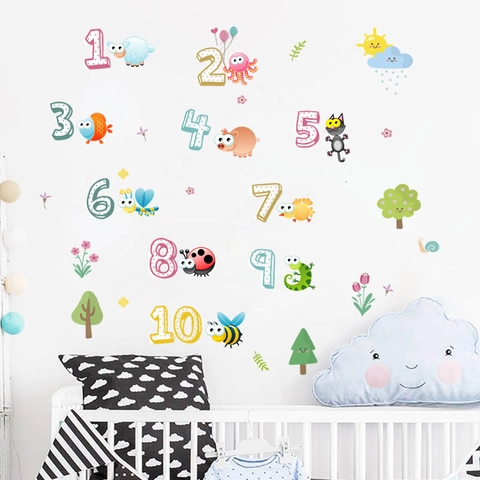Adesivi da Parete Numeri Animali Cartoni Animati Educativi in PVC Impermeabili per Cameretta Bambini Decorazione Aula