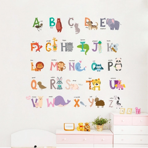 Cartoon Animal Alphabet Wall Stickers For Kids Room Decor PVC Waterproof A-Z Learning Educational DIY Home Wall Decals