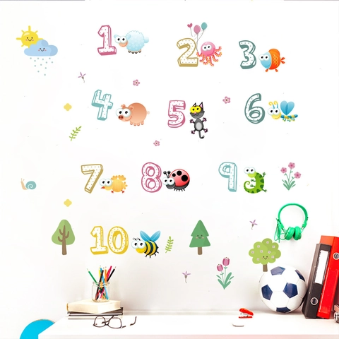 Adesivi da Parete Numeri Animali Cartoni Animati Educativi in PVC Impermeabili per Cameretta Bambini Decorazione Aula