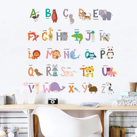 Cartoon Animal Alphabet Wall Stickers For Kids Room Decor Waterproof PVC Early Education A-Z Letter Decals Nursery Decor