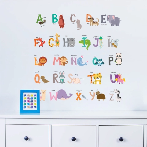 Cartoon Animal Alphabet Wall Stickers For Kids Room Decor Waterproof PVC Early Education A-Z Letter Decals Nursery Decor
