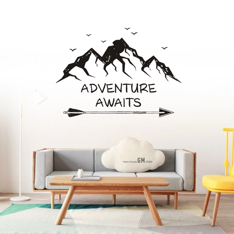 Adventure Awaits Berg Möwe Pfeil Wandaufkleber Wasserdicht PVC Wandbild Für Wohnzimmer Schlafzimmer Modern Home Decor Schwarz