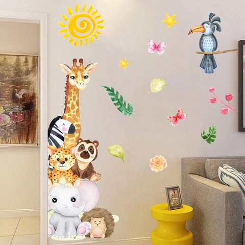 Aquarell Cartoon Tier Wandaufkleber Giraffe Elefant Bär PVC Wasserdicht Aufkleber Für Kinderzimmer Schlafzimmer Deko