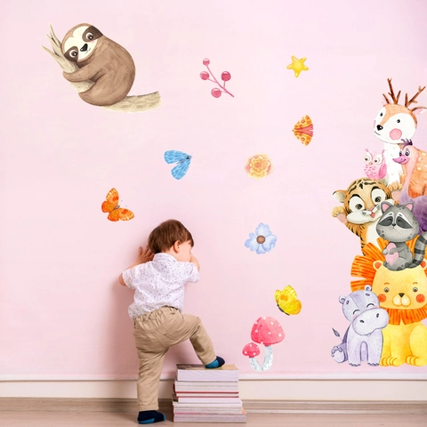 Watercolor Cartoon Animal Wall Stickers For Kids Room Nursery Decor Waterproof PVC Lion Hippo Hand-painted Wall Decals