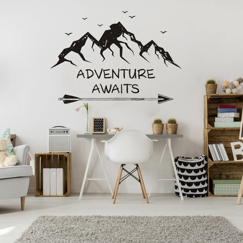 Adventure Awaits Berg Möwe Pfeil Wandaufkleber Wasserdicht PVC Wandbild Für Wohnzimmer Schlafzimmer Modern Home Decor Schwarz