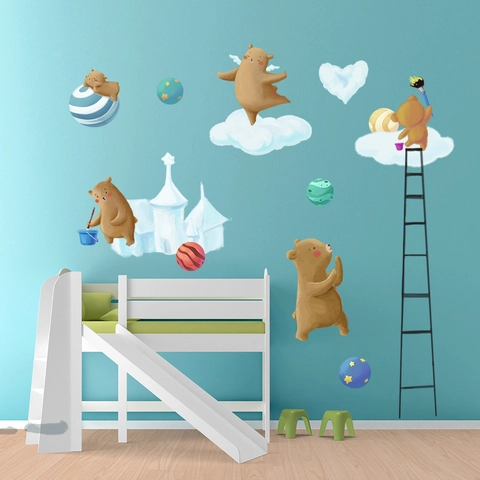 Cartoon Bear Wall Stickers For Kids Room Decor Waterproof PVC Wall Decals With Planet Castle Hearts For Nursery Bedroom DIY Decor