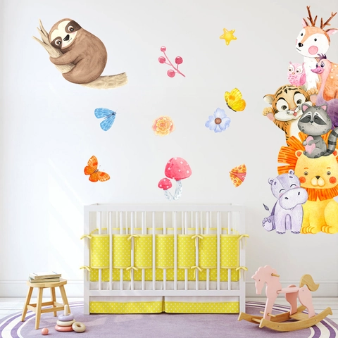 Watercolor Cartoon Animal Wall Stickers For Kids Room Nursery Decor Waterproof PVC Lion Hippo Hand-painted Wall Decals