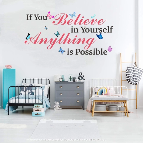 Inspirational Quote Butterfly Wall Sticker If You Believe in Yourself Anything is Possible Removable PVC Decal for Home Decor