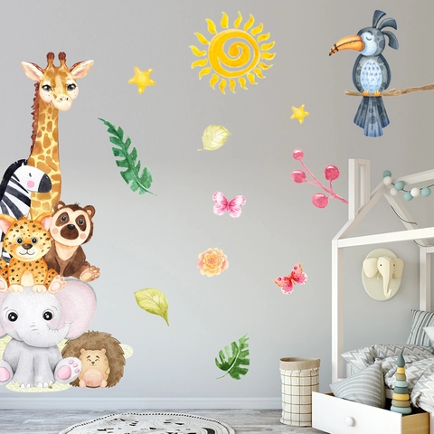 Aquarell Cartoon Tier Wandaufkleber Giraffe Elefant Bär PVC Wasserdicht Aufkleber Für Kinderzimmer Schlafzimmer Deko