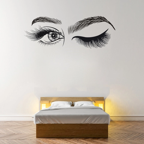 Vinilo de Pared Artístico Pestañas Ojo Moderno Minimalista Arte de Línea Negra PVC Impermeable Calcomanía Removible Dormitorio